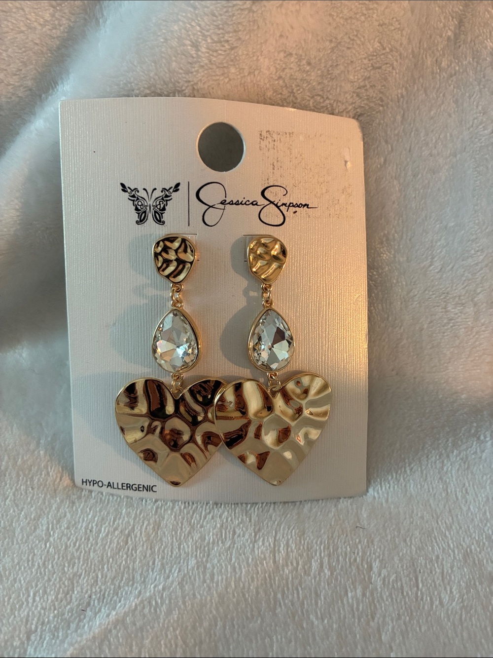 Jessica Simpson Gold Hammered Heart Drop Earrings with Clear Teardrop Crystals